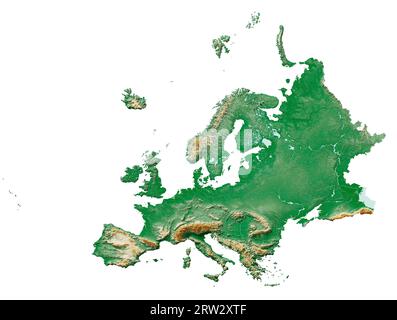 The continent of Europe. A highly detailed 3D rendering of a shaded relief map with rivers and lakes. Colored by elevation. Pure white background. Stock Photo