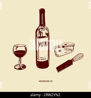 A bottle of wine, a glass, a piece of cheese, a knife for cheese. Vector illustration in graphic style. Menus, wine lists, labels, banners, flyers. Stock Vector