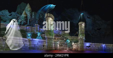 Beautiful Halloween background. Spooky horror night scene with enchanted castle with ghosts in the night. 3D render illustration. Stock Photo