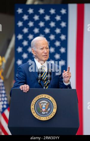 Largo, United States. 14th Sep, 2023. U.S President Joe Biden delivers remarks on the economy at Prince Georges Community College, September 14, 2023, in Largo, Maryland, USA. Biden blasted Republican extremism and their threats to shut down the government. Credit: Adam Schultz/White House Photo/Alamy Live News Stock Photo