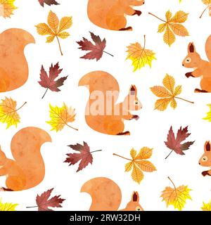 Seamless autumn pattern with squirrel, Vector watercolor fall illustration. Stock Vector