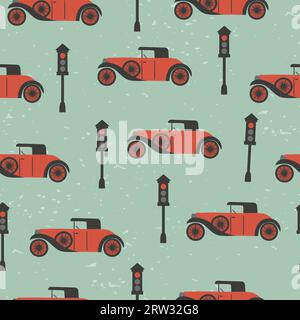 Seamless pattern with retro cars and traffic lights. Stock Vector