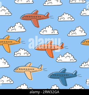 Hand drawn seamless vector pattern with planes and clouds. Stock Vector