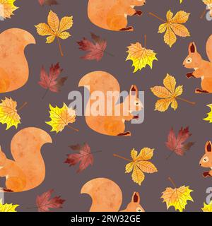 Seamless autumn pattern with squirrel. Vector watercolor illustration of fall. Stock Vector