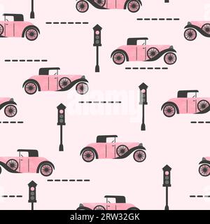 Seamless pattern with pink retro cars and traffic lights. Stock Vector