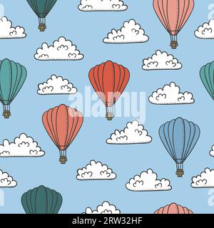 Retro seamless travel pattern with air balloons and clouds. Stock Vector