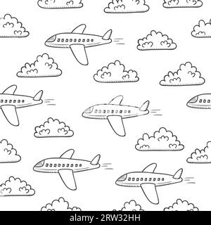 Seamless pattern with plane and clouds. Hand drawn vector illustration. Stock Vector