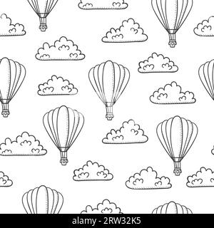 Seamless sketch travel pattern with air balloons and clouds. Stock Vector