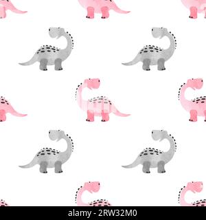 Seamless cute dinosaur pattern. Vector pink dino background for kids. Stock Vector