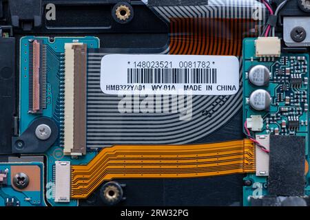 London. UK- 09.13.2023. The inside of a electronic device with a made in China label. Stock Photo