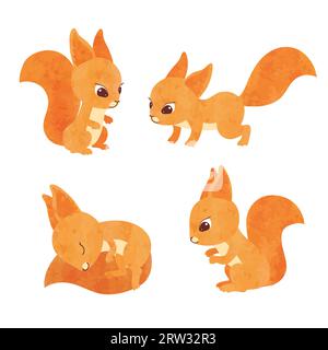 Set of cute little squirrels. Vector watercolor illustration. Stock Vector