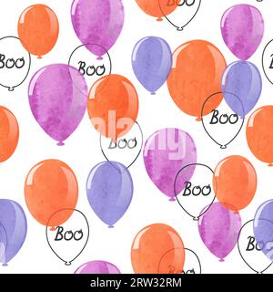 Seamless Halloween party pattern with watercolor balloons. Wrapping paper design. Stock Vector