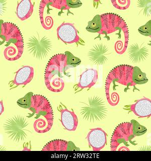 Seamless tropical pattern with chameleons and dragon fruits. Stock Vector