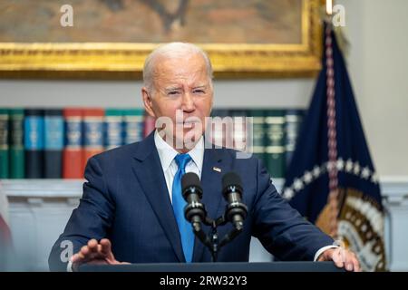 Washington, United States. 15th Sep, 2023. U.S President Joe Biden remarks on the auto workers strike from the Roosevelt Room of the White House, September 15, 2023, in Washington, DC Credit: Adam Schultz/White House Photo/Alamy Live News Stock Photo