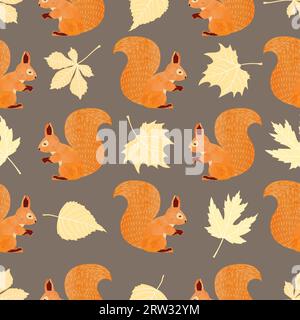 Seamless vector pattern with squirrels and autumn leaves. Stock Vector
