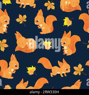 Seamless vector autumn pattern with cute squirrels and leaves. Stock Vector