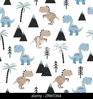 Seamless pattern with cute dinosaurs. Vector dino background for kids in scandinavian style. Stock Vector