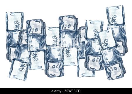 Watercolor ice cubes background, crystal ice blocks frame, isolated border of blue transparent frozen water cubes. Winter background. Stock Photo