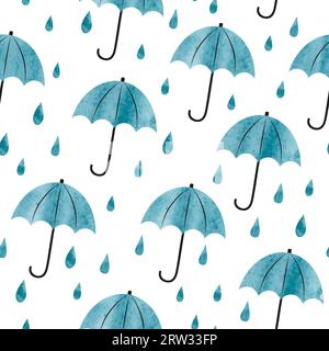 Seamless watercolor umbrellas and rain drops pattern. Autumn background. Stock Vector