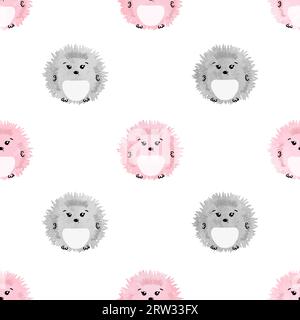Seamless pattern with cute watercolor hedgehogs. Baby print. Stock Vector