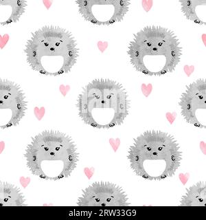 Seamless pattern with cute watercolor hedgehogs and hearts. Stock Vector