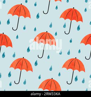 Seamless umbrellas and rain drops pattern. Watercolor Autumn background Stock Vector