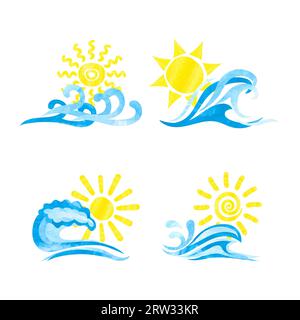 Set of sun and sea waves watercolor icons. Stock Vector
