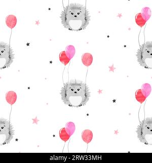 Seamless pattern with cute watercolor hedgehogs and balloons. Stock Vector