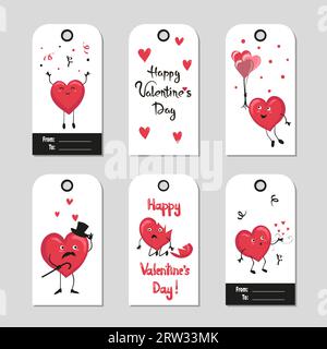 Red and black Valentines day gift tags set with cartoon hearts. Stock Vector