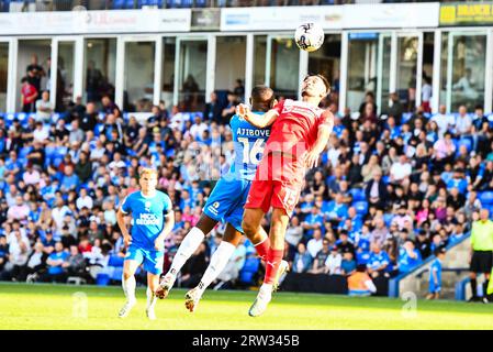 Peterborough, UK. 16th Sep 2023. Idris El Mizouni (15 Leyton Orient) challenged by David Ajiboye (16 Peterborough United) during the Sky Bet League 1 match between Peterborough and Leyton Orient at London Road, Peterborough on Saturday 16th September 2023. (Photo: Kevin Hodgson | MI News) Credit: MI News & Sport /Alamy Live News Stock Photo