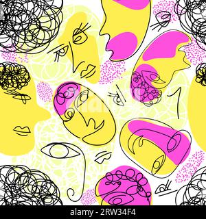 Elegant abstract seamless pattern with famale faces drawn one line on white background. Fashion trend. Brain and mind of people. Vector illustration. Stock Vector