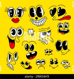 Funny cartoon comic faces on yellow background. Yellow different faces of people. Vector illustration Stock Vector