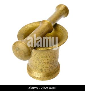 metal mortar and pestle isolated on white background Stock Photo