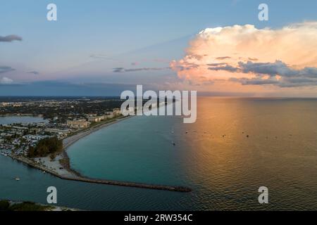 High angle view of crowded Nokomis beach in Sarasota County, USA. Many people enjoing vacations time swimming in ocean water and relaxing on warm Stock Photo