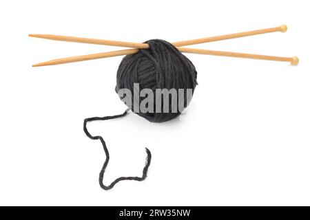 Woolen balls and knitting needles isolated on white background Stock Photo