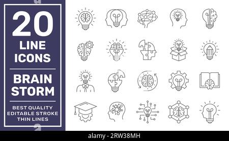 Idea icon set. Creative idea, brainstorming, solution, thinking and innovation icons. Lightbulb with brain symbol vector illustration. Solid icon Stock Vector
