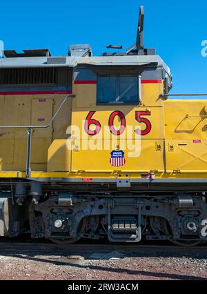 The cab of Union Pacific locomotive 605 waiting at the rail yard in Oakridge, Oregon, USA Stock Photo
