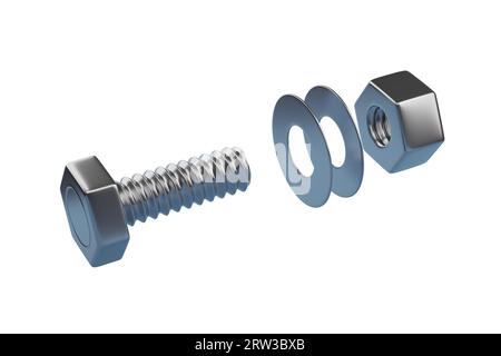 Bolt with nut and washers isolated on white background. 3d illustration. Stock Photo