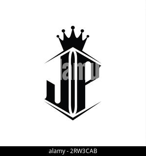 JP Letter Logo monogram hexagon shield shape crown with sharp style design template Stock Photo