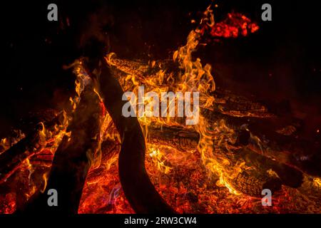 huge bonfire in the night, large wooden logs being burned and flames are blazing away Stock Photo