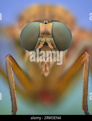 Portrait of an orange Marsh Snipe Fly with green compound eyes, blue background (Rhagio tringarius) Stock Photo