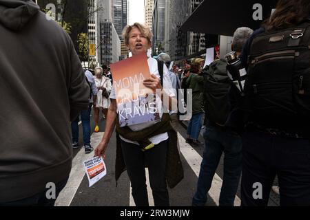 New York, New York, USA. 15th Sep, 2023. Climate activists and protesters gather outside MoMa to protest funds received from investment firm KKR one of the lead funders of the Coastal GasLink pipeline which runs through the ancestral land of the Wet'suwet'en Nation. (Credit Image: © Laura Brett/ZUMA Press Wire) EDITORIAL USAGE ONLY! Not for Commercial USAGE! Stock Photo