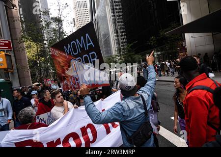 New York, New York, USA. 15th Sep, 2023. Climate activists and protesters gather outside MoMa to protest funds received from investment firm KKR one of the lead funders of the Coastal GasLink pipeline which runs through the ancestral land of the Wet'suwet'en Nation. (Credit Image: © Laura Brett/ZUMA Press Wire) EDITORIAL USAGE ONLY! Not for Commercial USAGE! Stock Photo