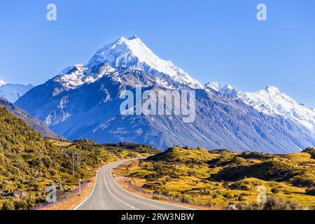 Highway 80 through plains leading to Mt Cook in New Zealand - popular tourism drive. Stock Photo