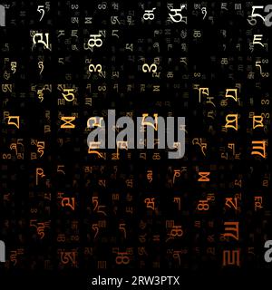 Abstract Background. Random letters of Tibetan Alphabet. Gradiented matrix pattern. Yellow orange brown color theme backgrounds. Stock Vector