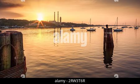 Port Jefferson marina at sunset Stock Photo