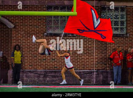 COLLEGE PARK, MARYLAND, USA - 15 SEPTEMBER : Virginia cheerleaders celebrate after a touchdown during a college football game between the Maryland Terrapins and the Virginia Cavaliers on September 15, 2023, at SECU Stadium in College Park, Maryland. (Photo by Tony Quinn-Alamy Live News) Stock Photo