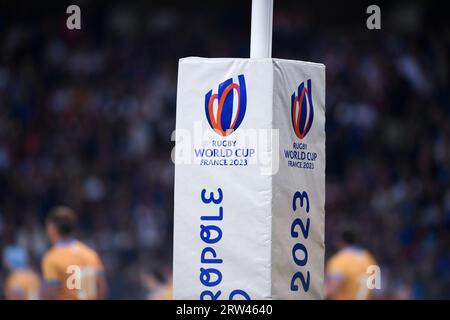 Paris, France. 14th Sep, 2023. Illustration with the logo of the Rugby World Cup RWC on goal posts during match between France and Uruguay at Stade Pierre Mauroy on September 14, 2023 in Lille, France. Credit: Victor Joly/Alamy Live News Stock Photo