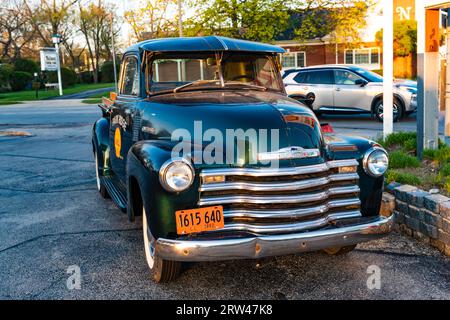 Chicago City, USA - April 26, 2023: 1950 Chevrolet 3100 pickup truck front view parked Stock Photo