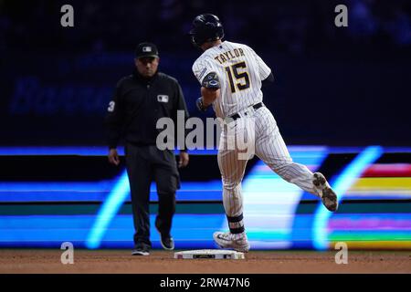 Milwaukee Brewers' Tyrone Taylor rounds first base after hitting a home run  off of New York Yankees pitcher Jonathan Loaisiga (43) during the eighth  inning of a baseball game Saturday, Sept. 9